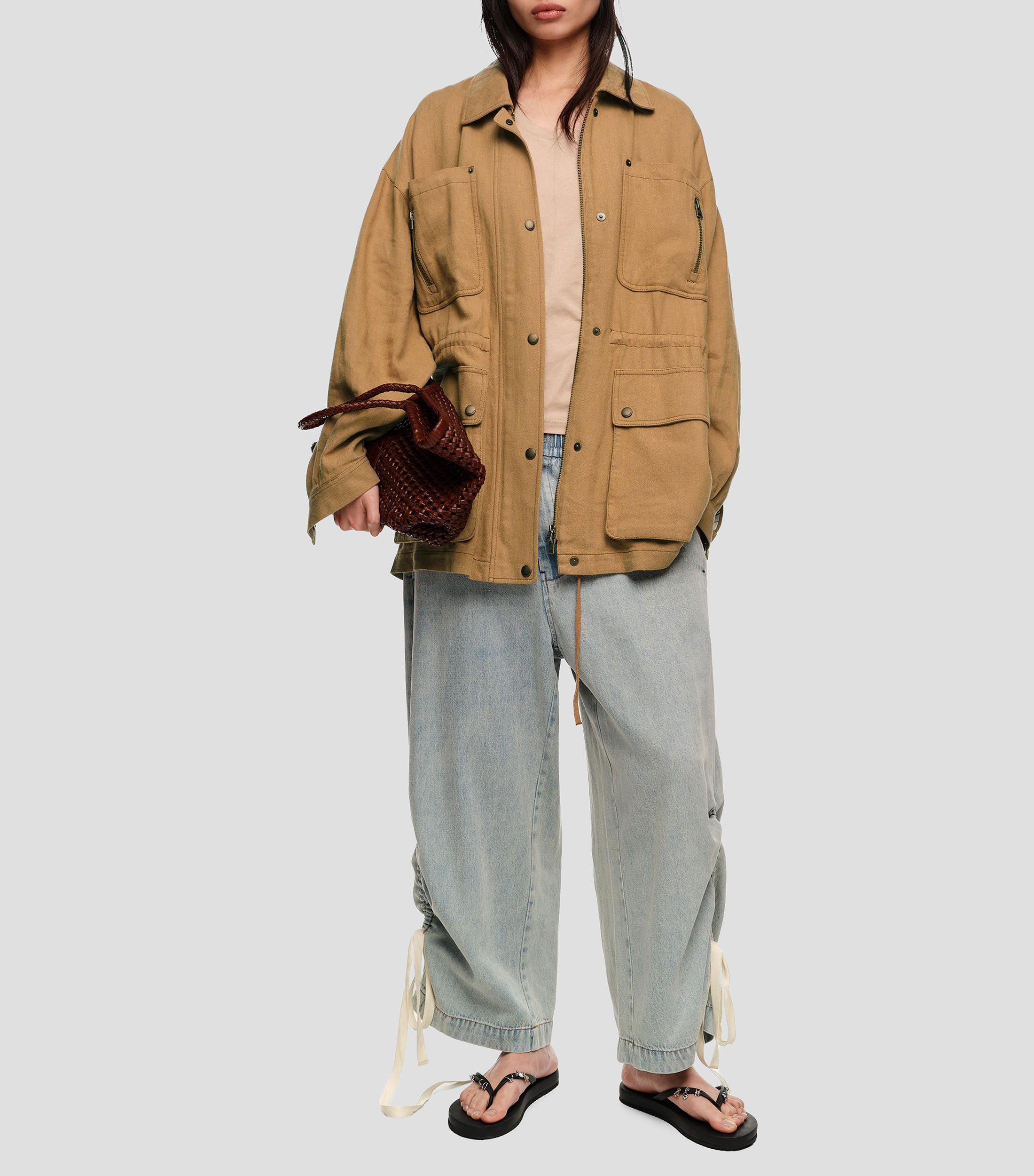 Pantalón jogger fruncido denim Mujer